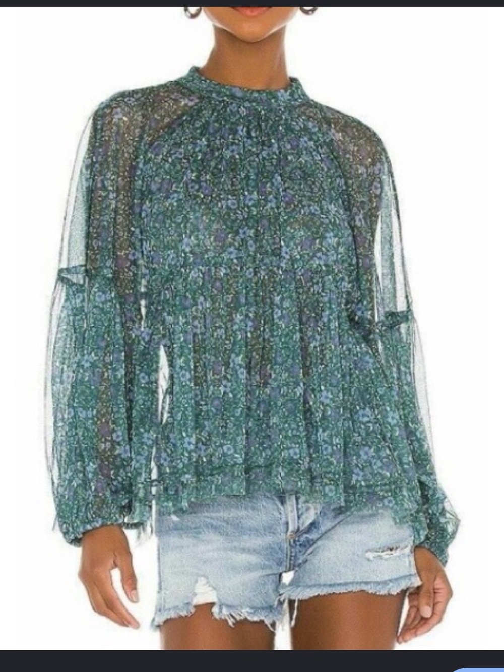 NWT Free People Teal Floral Sheer Peasant Blouse Sweetheart Top Open Back Small